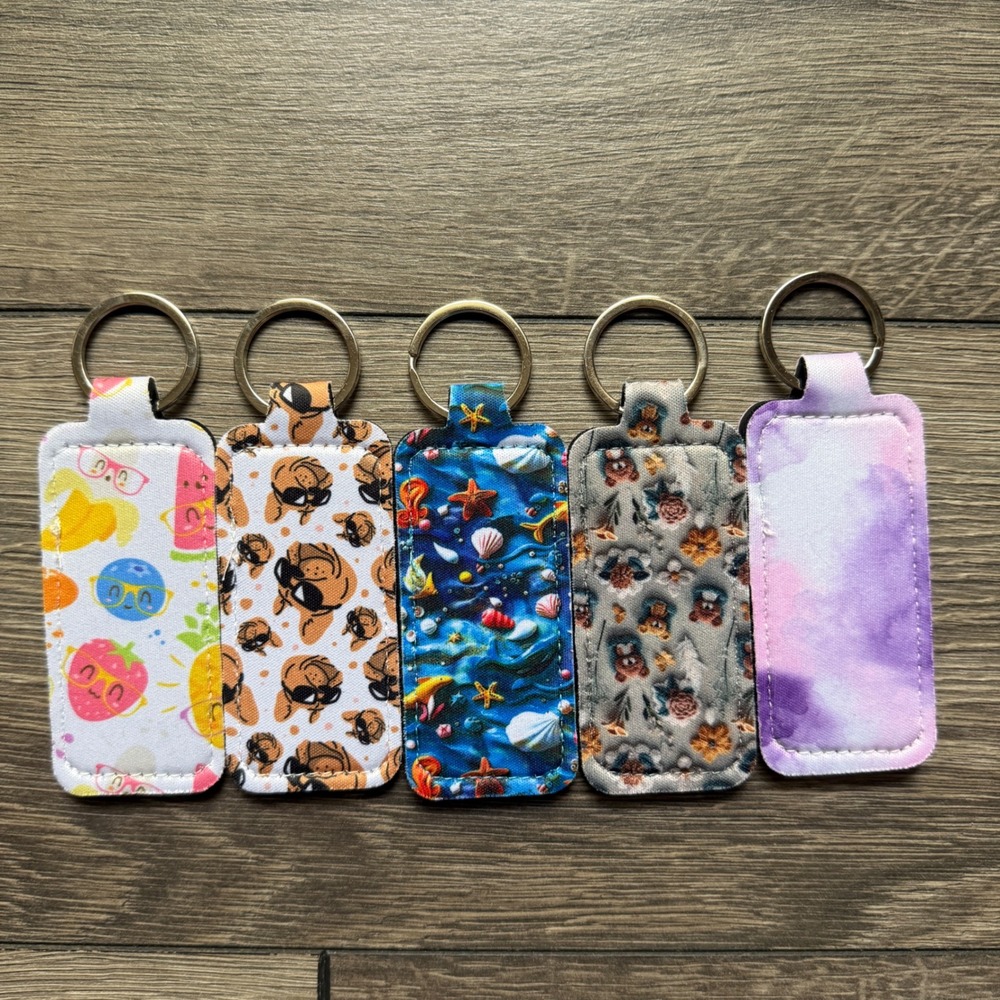 Set of 5 Neoprene Chapstick Holder Keychains Fruit Dog Ocean Floral Marble